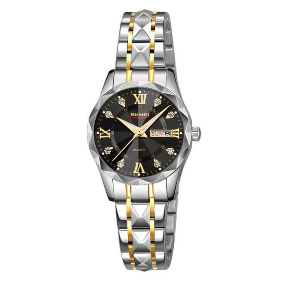 SKMEI Business Casual Watches Diamond Case Luminous Water-resistant Quartz Watch, Style: Women Silver Gold Strap Black Dial