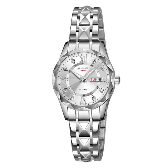 SKMEI Business Casual Watches Diamond Case Luminous Water-resistant Quartz Watch, Style: Women Silver Case Silver Dial