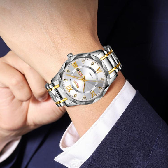 SKMEI Business Casual Watches Diamond Case Luminous Water-resistant Quartz Watch, Style: Men Silver Case Blue Dial