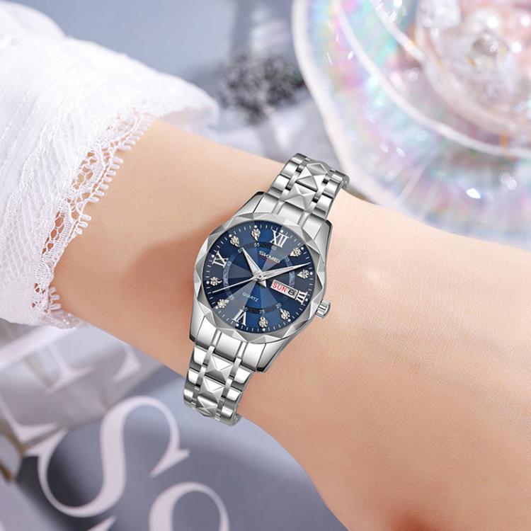 SKMEI Business Casual Watches Diamond Case Luminous Water-resistant Quartz Watch, Style: Men Silver Case Blue Dial