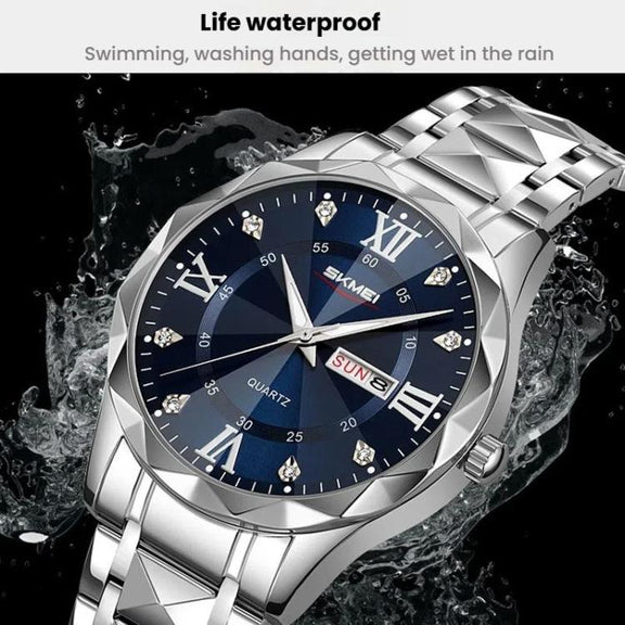 SKMEI Business Casual Watches Diamond Case Luminous Water-resistant Quartz Watch, Style: Men Silver Case Blue Dial