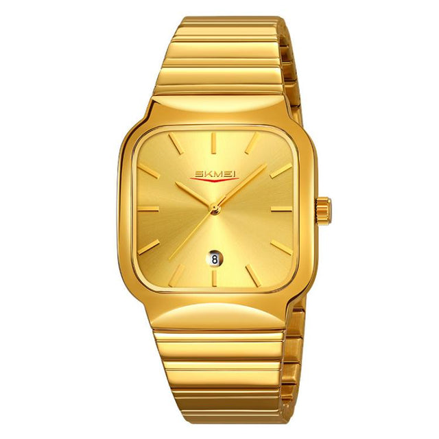 SKMEI 9361 Steel Strap Textured Dial Watch Business Casual Square Quartz Watch, Style: Gold Case Gold Dial