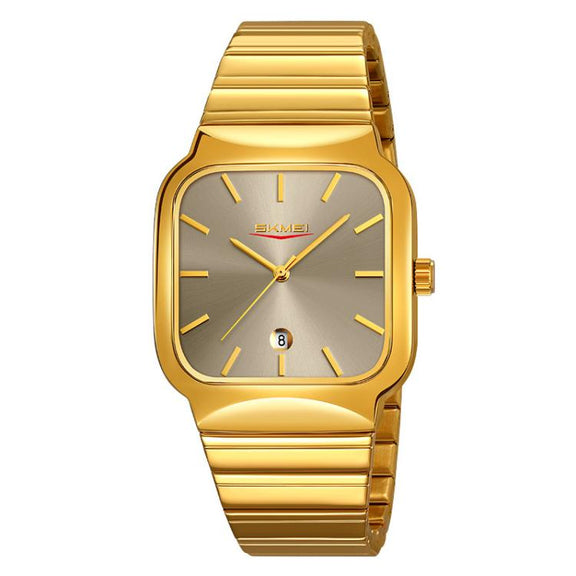 SKMEI 9361 Steel Strap Textured Dial Watch Business Casual Square Quartz Watch, Style: Gold Case Gray Dial