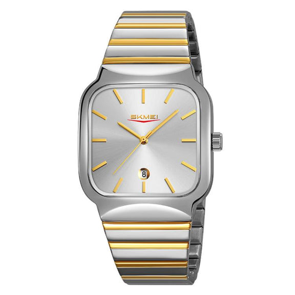 SKMEI 9361 Steel Strap Textured Dial Watch Business Casual Square Quartz Watch, Style: Silver Gold Case Silver Dial