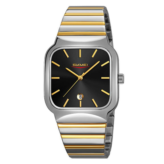 SKMEI 9361 Steel Strap Textured Dial Watch Business Casual Square Quartz Watch, Style: Silver Gold Case Black Dial
