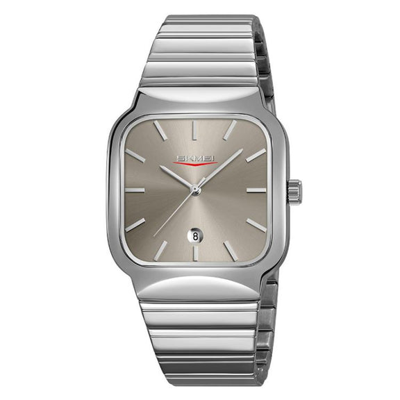 SKMEI 9361 Steel Strap Textured Dial Watch Business Casual Square Quartz Watch, Style: Silver Case Gray Dial