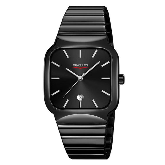 SKMEI 9361 Steel Strap Textured Dial Watch Business Casual Square Quartz Watch, Style: Black Case Black Dial