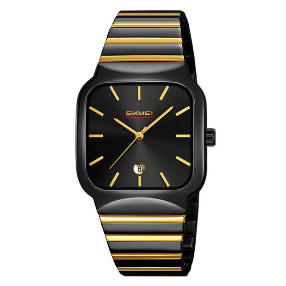 SKMEI 9361 Steel Strap Textured Dial Watch Business Casual Square Quartz Watch, Style: Black Gold Case Black Dial