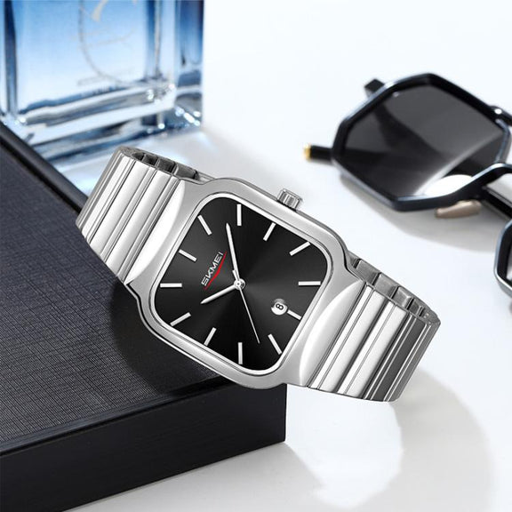 SKMEI 9361 Steel Strap Textured Dial Watch Business Casual Square Quartz Watch, Style: Silver Gold Case Blue Dial