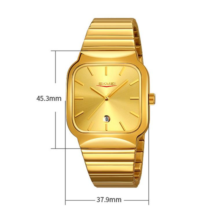 SKMEI 9361 Steel Strap Textured Dial Watch Business Casual Square Quartz Watch, Style: Gold Case Gold Dial