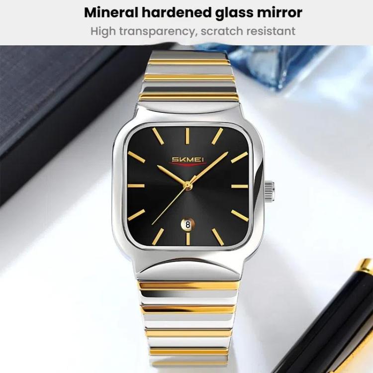 SKMEI 9361 Steel Strap Textured Dial Watch Business Casual Square Quartz Watch, Style: Gold Case Gold Dial