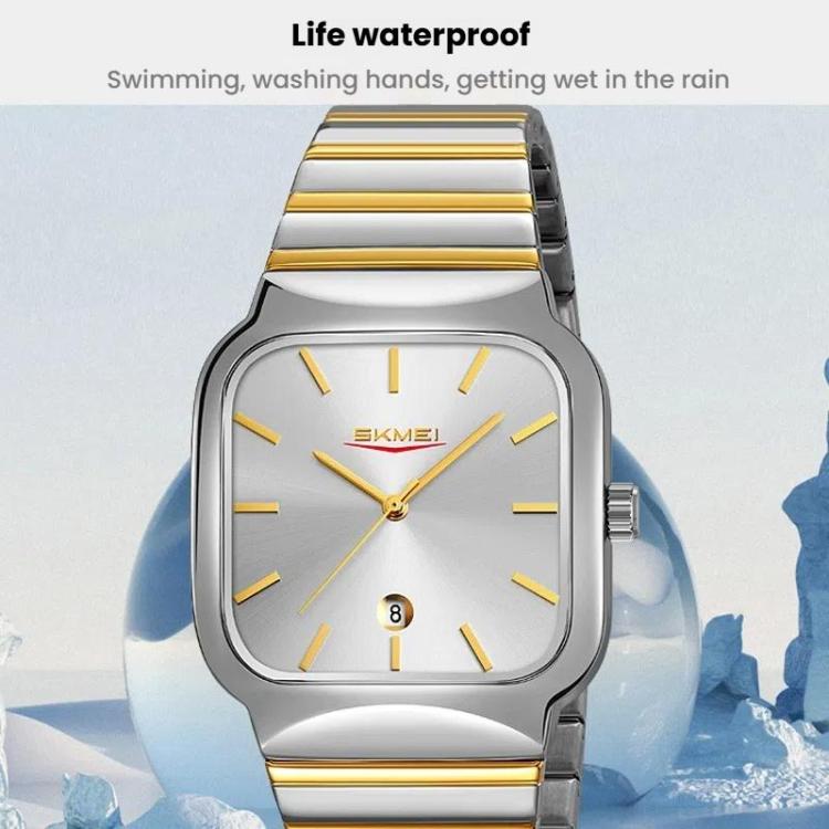 SKMEI 9361 Steel Strap Textured Dial Watch Business Casual Square Quartz Watch, Style: Silver Gold Case Silver Dial - free shipping - PMC TechLife - Order now!