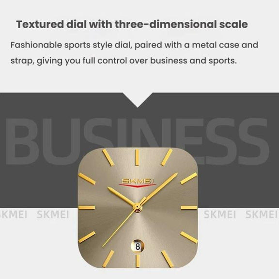 SKMEI 9361 Steel Strap Textured Dial Watch Business Casual Square Quartz Watch, Style: Gold Case Gold Dial