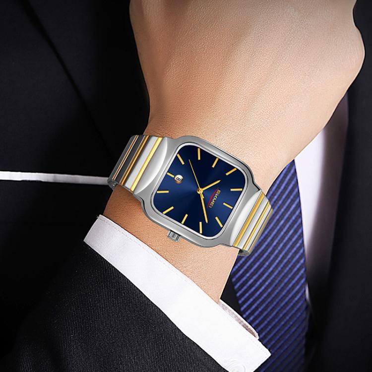 SKMEI 9361 Steel Strap Textured Dial Watch Business Casual Square Quartz Watch, Style: Silver Gold Case Black Dial