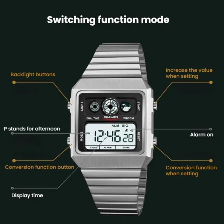 SKMEI 2450 Men Business Multifunctional Watch Casual Waterproof Square Electronic Watch(Silver) - free shipping - PMC TechLife - Order now!