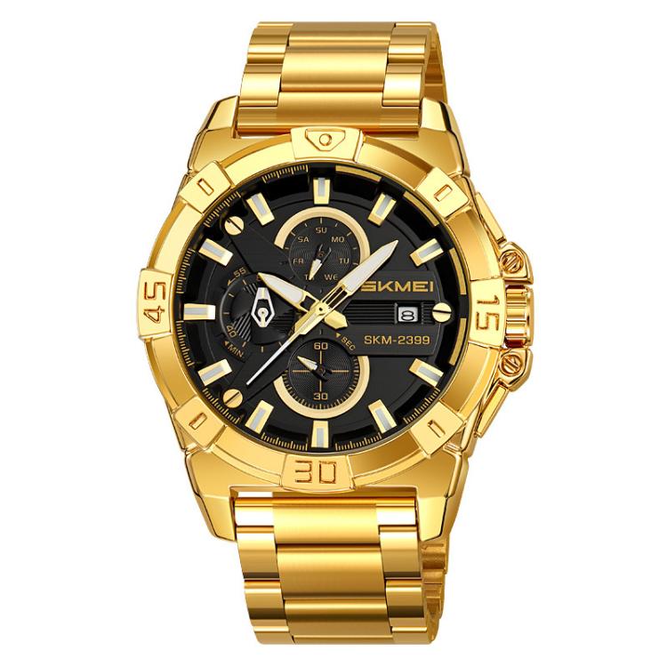 SKMEI 2399 Three-eye Six-pin Steel Band Quartz Watch Men Business Casual Watch(Gold) - free shipping - PMC TechLife - Order now!