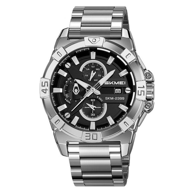 SKMEI 2399 Three-eye Six-pin Steel Band Quartz Watch Men Business Casual Watch(Silver)