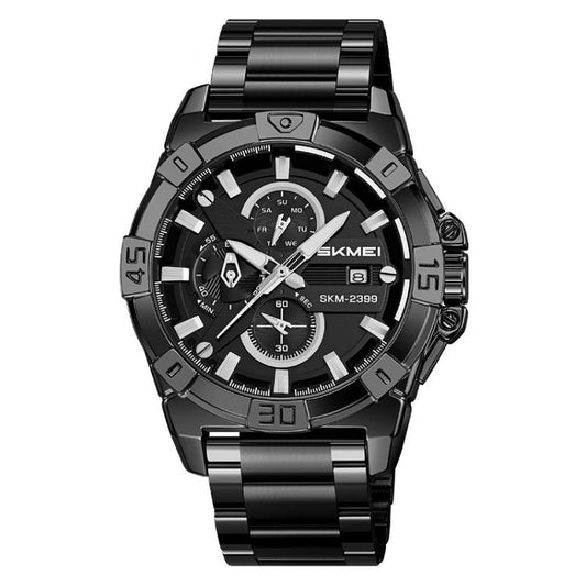 SKMEI 2399 Three-eye Six-pin Steel Band Quartz Watch Men Business Casual Watch(Black) - free shipping - PMC Jewellery - Order now!