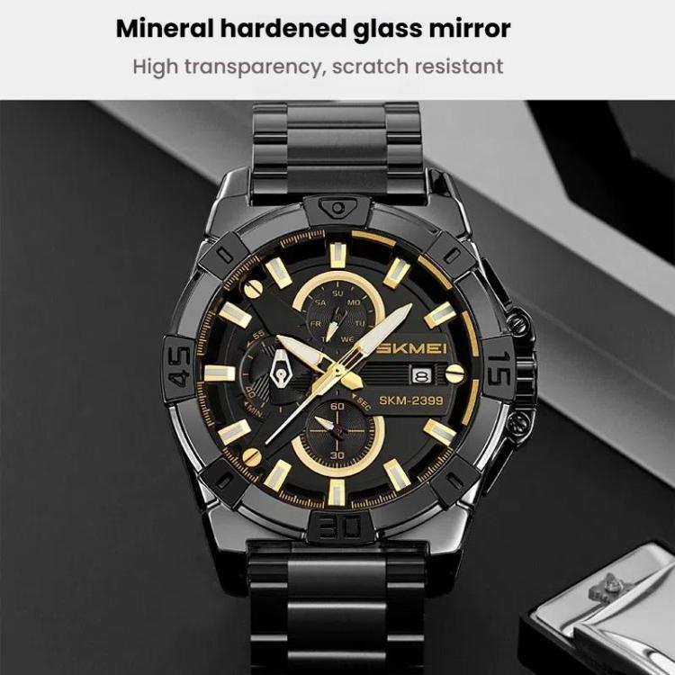 SKMEI 2399 Three-eye Six-pin Steel Band Quartz Watch Men Business Casual Watch(Gold) - free shipping - PMC TechLife - Order now!