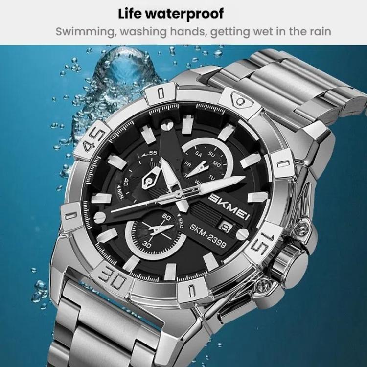 SKMEI 2399 Three-eye Six-pin Steel Band Quartz Watch Men Business Casual Watch(Black) - free shipping - PMC Jewellery - Order now!