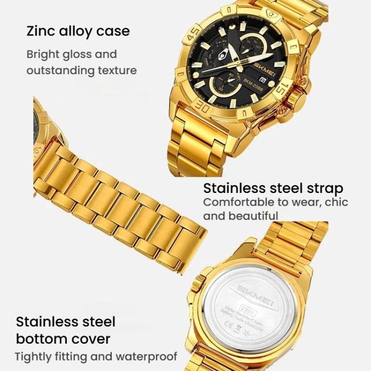 SKMEI 2399 Three-eye Six-pin Steel Band Quartz Watch Men Business Casual Watch(Gold) - free shipping - PMC TechLife - Order now!