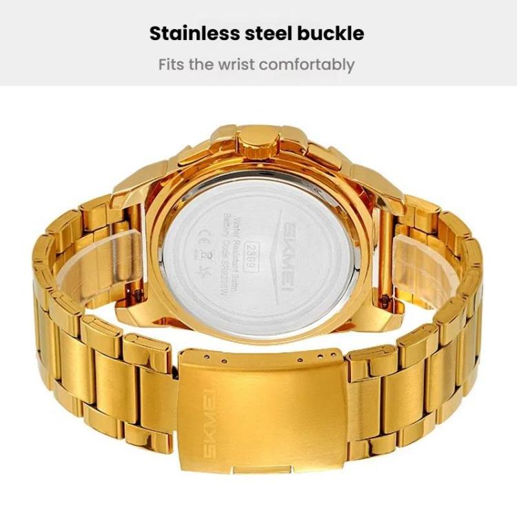 SKMEI 2399 Three-eye Six-pin Steel Band Quartz Watch Men Business Casual Watch(Gold) - free shipping - PMC TechLife - Order now!