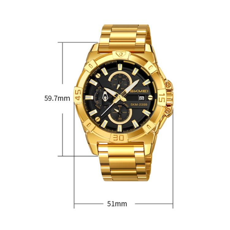 SKMEI 2399 Three-eye Six-pin Steel Band Quartz Watch Men Business Casual Watch(Gold) - free shipping - PMC TechLife - Order now!