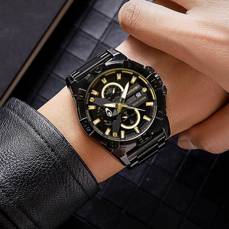 SKMEI 2399 Three-eye Six-pin Steel Band Quartz Watch Men Business Casual Watch(Gold) - free shipping - PMC TechLife - Order now!