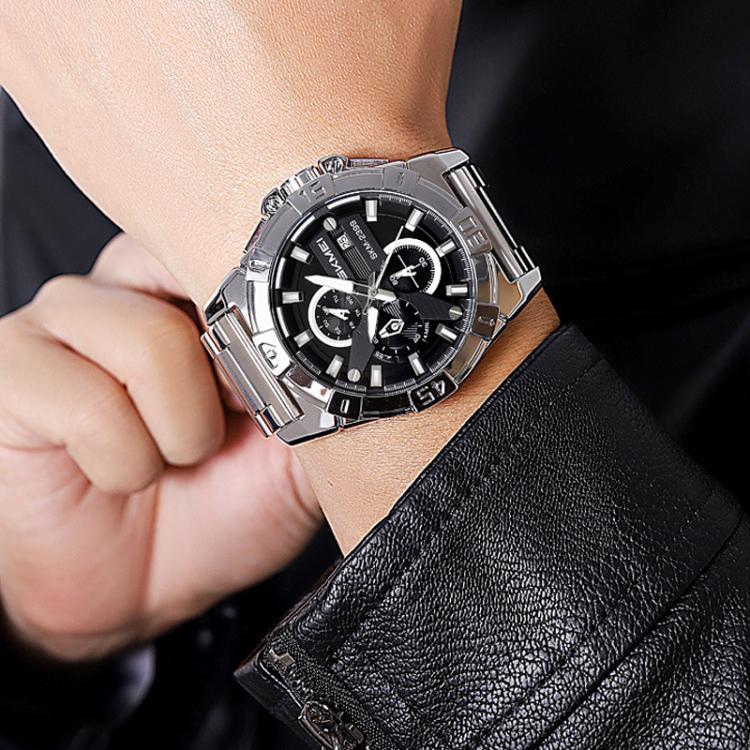 SKMEI 2399 Three-eye Six-pin Steel Band Quartz Watch Men Business Casual Watch(Black) - free shipping - PMC Jewellery - Order now!