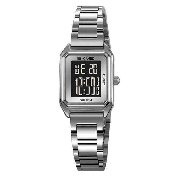 SKMEI 2493 Small Women Electronic Watch Square Steel Strap Watch, Style: Silver Case Black