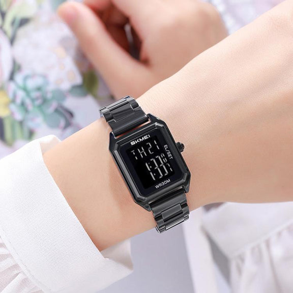 SKMEI 2493 Small Women Electronic Watch Square Steel Strap Watch, Style: Silver Case Black