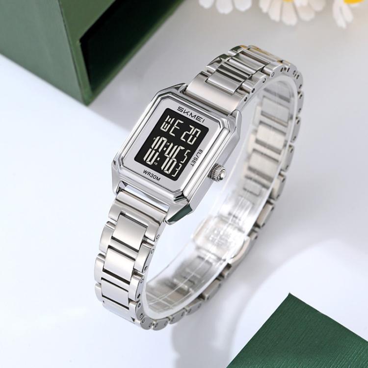 SKMEI 2493 Small Women Electronic Watch Square Steel Strap Watch, Style: Silver Case Black