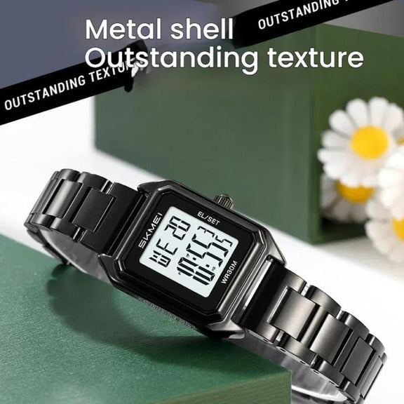 SKMEI 2493 Small Women Electronic Watch Square Steel Strap Watch, Style: Black Case Black