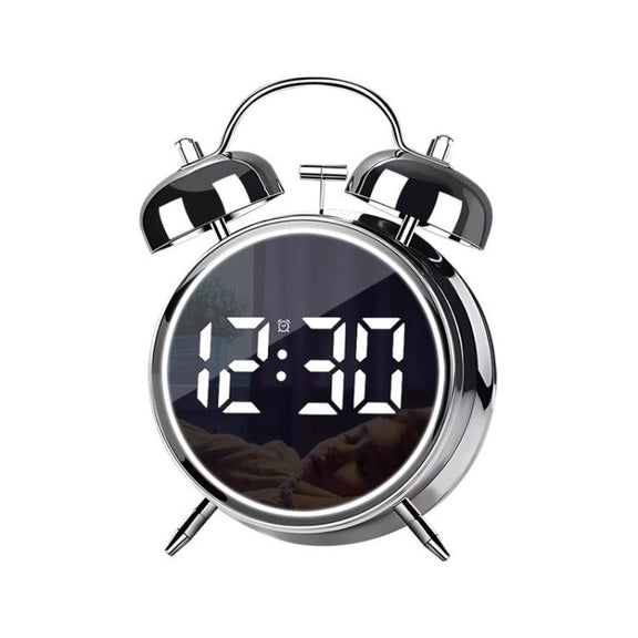 12/24H LED Screen Alarm Clock Loud Metal Clock With Night Light Plug-In Children Clock(Silver)