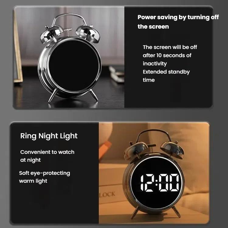 12/24H LED Screen Alarm Clock Loud Metal Clock With Night Light Plug-In Children Clock(White)