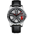 BINBOND D001 3D Hollow Motorcycle Rotating Wheel Watch, Color: Black Leather-White Steel-Red - free shipping - PMC TechLife - Order now!