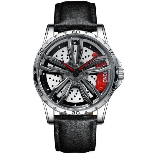 BINBOND D001 3D Hollow Motorcycle Rotating Wheel Watch, Color: Black Leather-White Steel-Red - free shipping - PMC Jewellery - Order now!