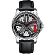 BINBOND D001 3D Hollow Motorcycle Rotating Wheel Watch, Color: Black Leather-White Steel-Red