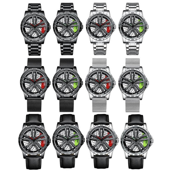 BINBOND D001 3D Hollow Motorcycle Rotating Wheel Watch, Color: Black Leather-White Steel-Red