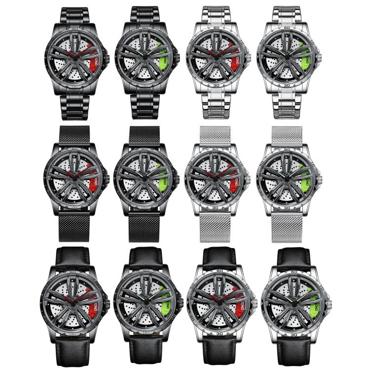 BINBOND D001 3D Hollow Motorcycle Rotating Wheel Watch, Color: Black Leather-White Steel-Red