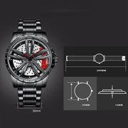 BINBOND D001 3D Hollow Motorcycle Rotating Wheel Watch, Color: Black Leather-White Steel-Red