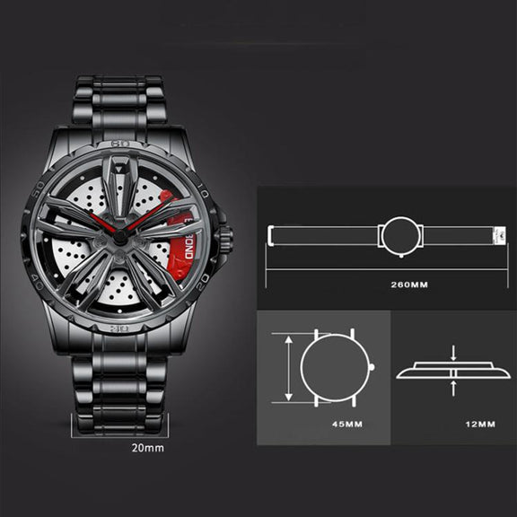 BINBOND D001 3D Hollow Motorcycle Rotating Wheel Watch, Color: Black Leather-White Steel-Red