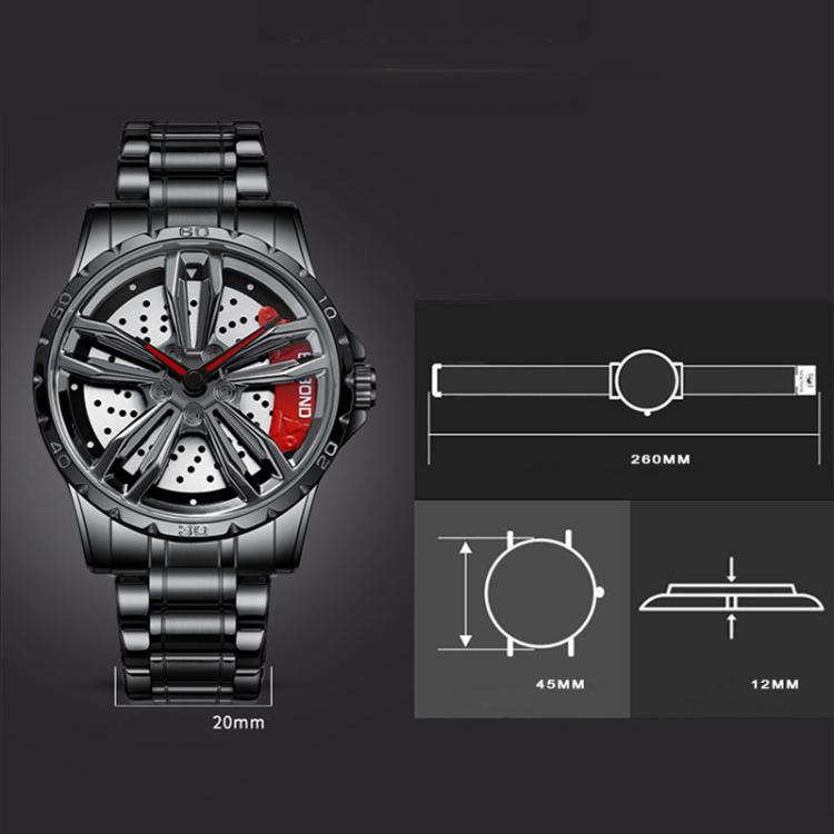 BINBOND D001 3D Hollow Motorcycle Rotating Wheel Watch, Color: Black Leather-White Steel-Red