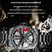 BINBOND D001 3D Hollow Motorcycle Rotating Wheel Watch, Color: Black Leather-White Steel-Red