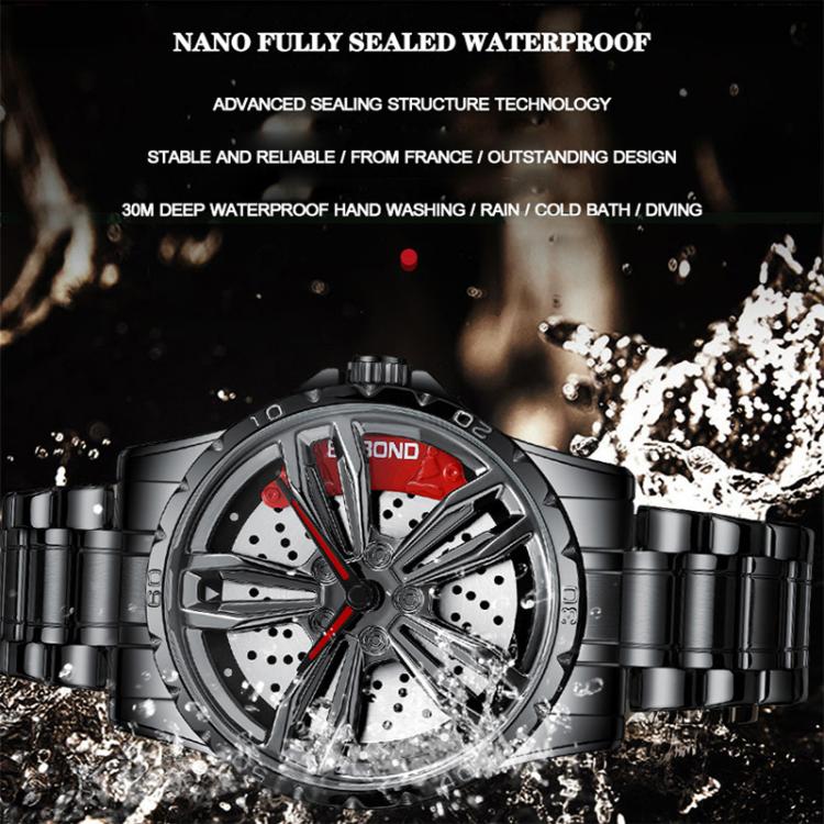 BINBOND D001 3D Hollow Motorcycle Rotating Wheel Watch, Color: Black Leather-White Steel-Red
