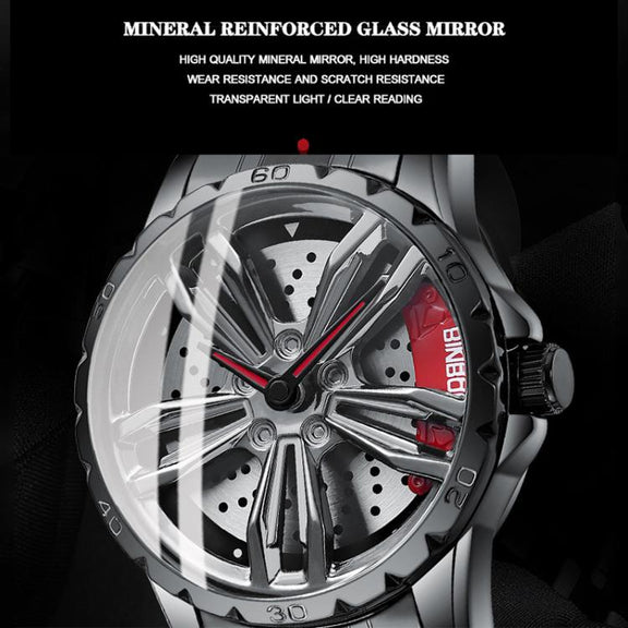 BINBOND D001 3D Hollow Motorcycle Rotating Wheel Watch, Color: Black Leather-White Steel-Red