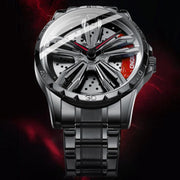 BINBOND D001 3D Hollow Motorcycle Rotating Wheel Watch, Color: Black Leather-White Steel-Red