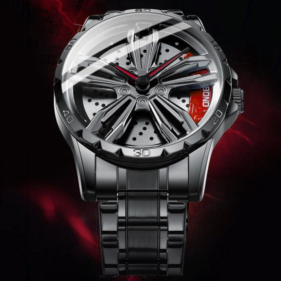 BINBOND D001 3D Hollow Motorcycle Rotating Wheel Watch, Color: Black Leather-White Steel-Red