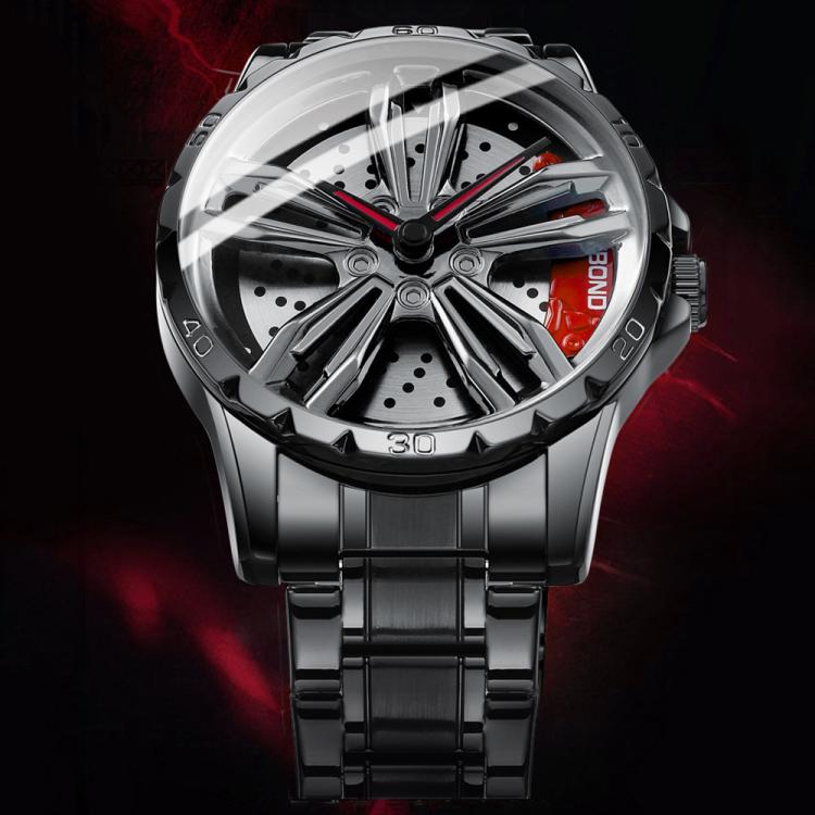 BINBOND D001 3D Hollow Motorcycle Rotating Wheel Watch, Color: Black Leather-White Steel-Red