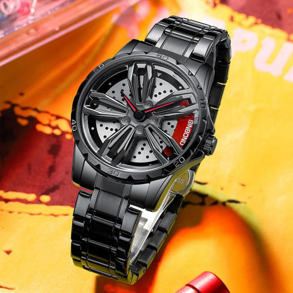 BINBOND D001 3D Hollow Motorcycle Rotating Wheel Watch, Color: Black Leather-White Steel-Red